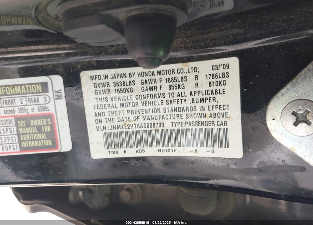 2010 HONDA INSIGHT VIN: JHMZE2H78AS008700