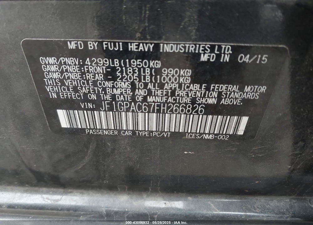 2015 SUBARU IMPREZA 2.0I PREMIUM VIN: JF1GPAC67FH266826