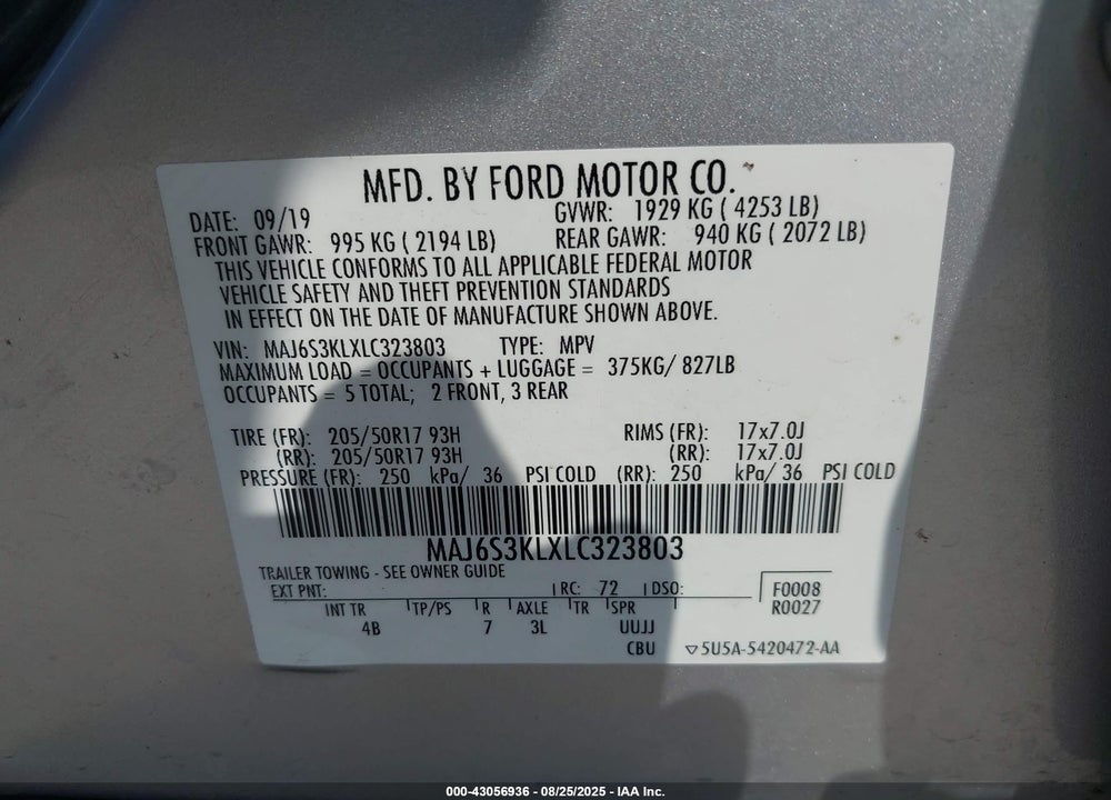2020 FORD ECOSPORT TITANIUM VIN: MAJ6S3KLXLC323803