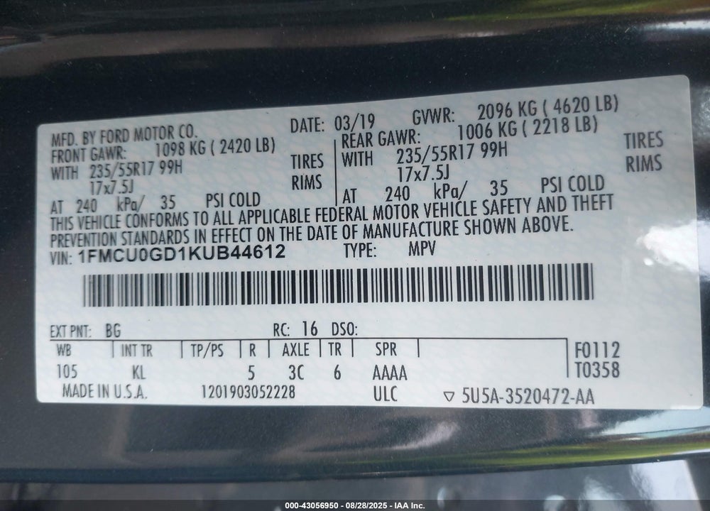 2019 FORD ESCAPE VIN: 1FMCU0GD1KUB44612