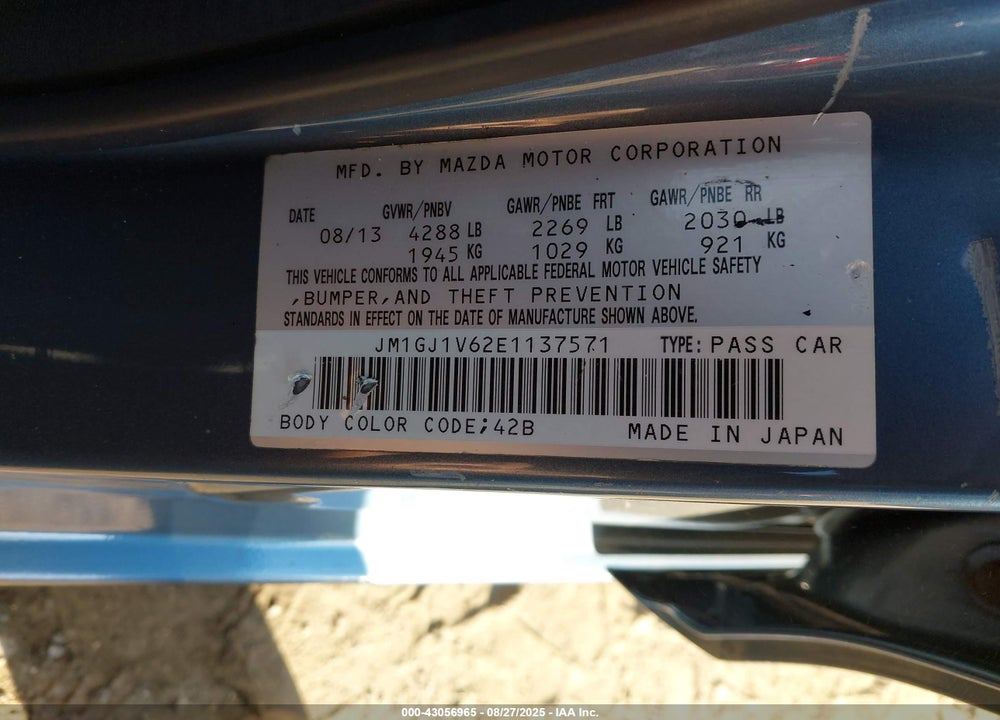 2014 MAZDA 6 VIN: JM1GJ1V62E1137571