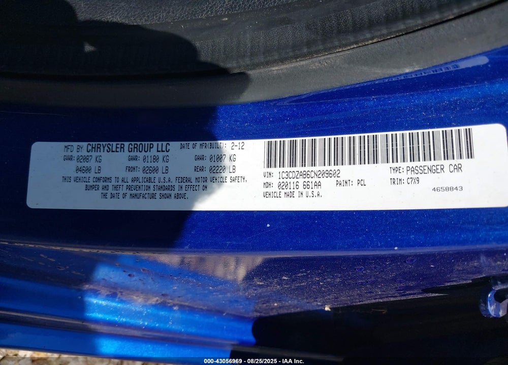 2012 DODGE AVENGER VIN: 1C3CDZAB6CN209602