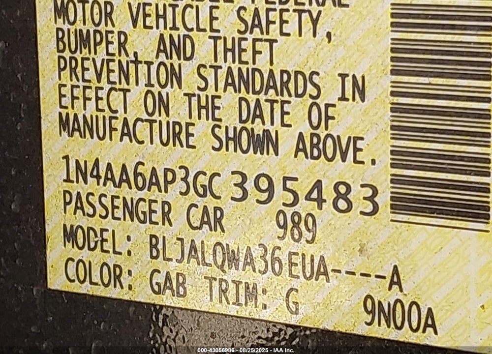 2016 NISSAN MAXIMA VIN: 1N4AA6AP3GC395483