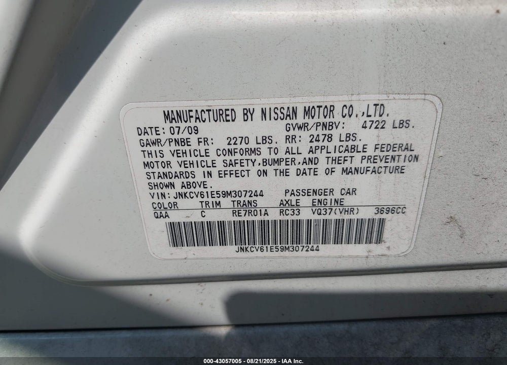 2009 INFINITI G37 JOURNEY VIN: JNKCV61E59M307244