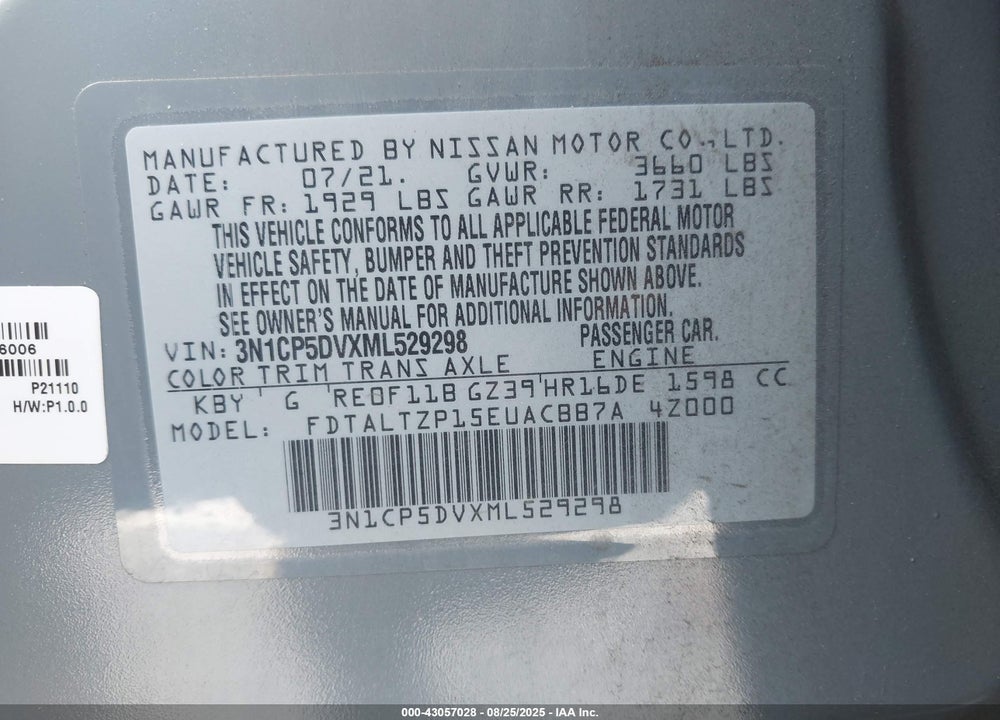 2021 NISSAN KICKS VIN: 3N1CP5DVXML529298