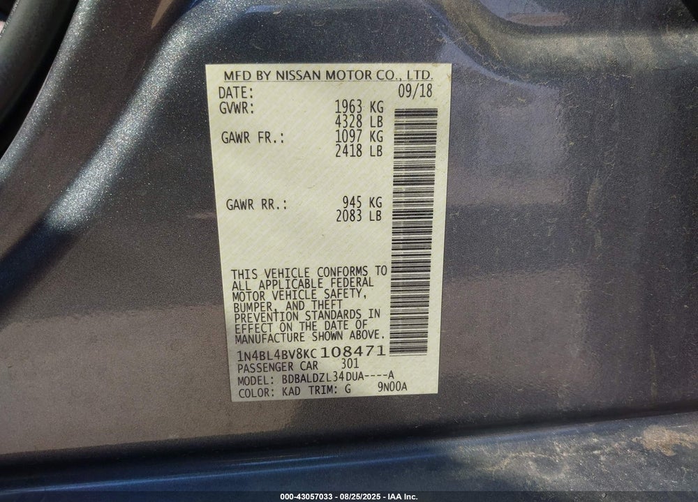 2019 NISSAN ALTIMA VIN: 1N4BL4BV8KC108471