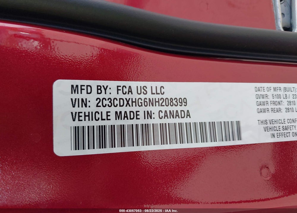 2022 DODGE CHARGER GT RWD VIN: 2C3CDXHG6NH208399