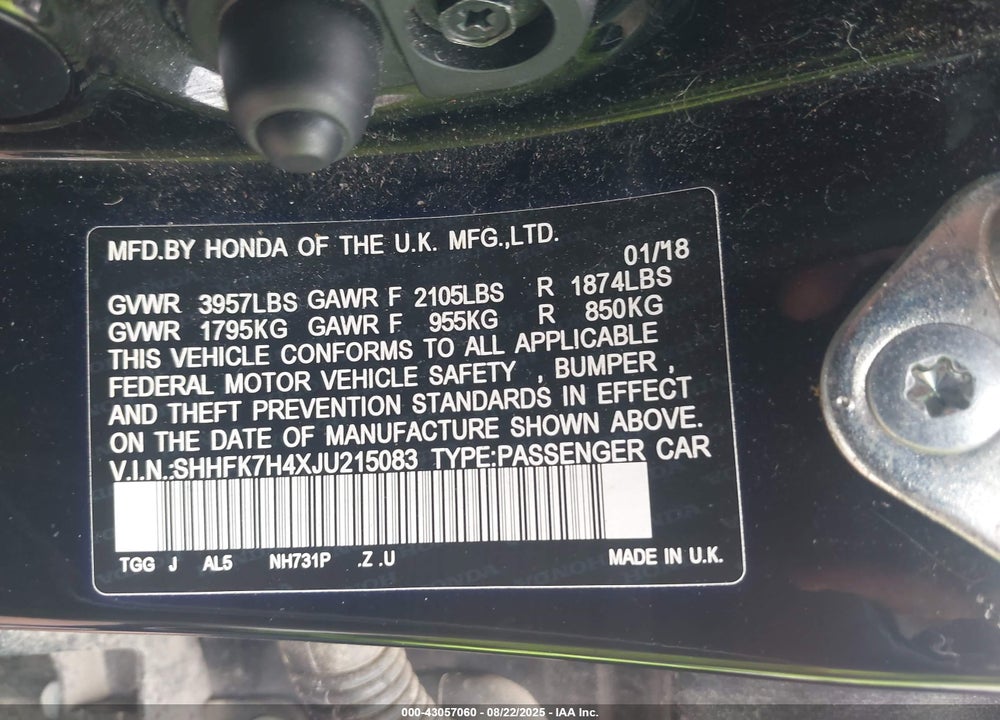 2018 HONDA CIVIC VIN: SHHFK7H4XJU215083