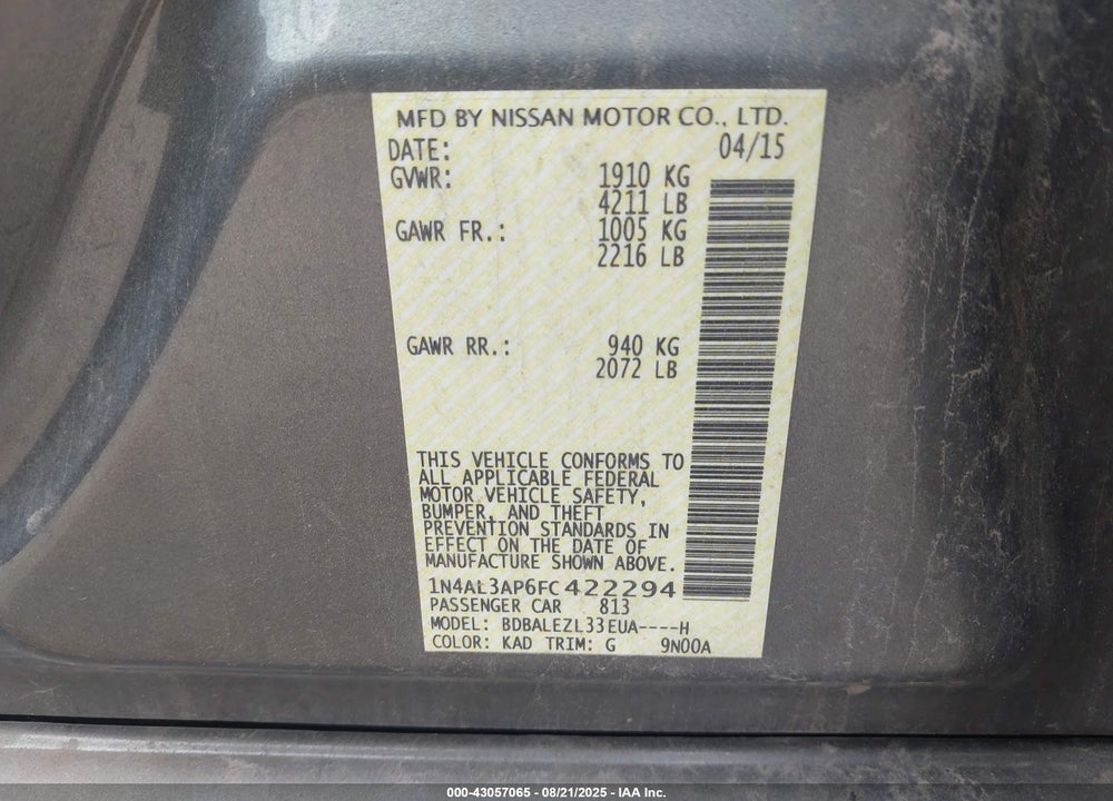 2015 NISSAN ALTIMA VIN: 1N4AL3AP6FC422294