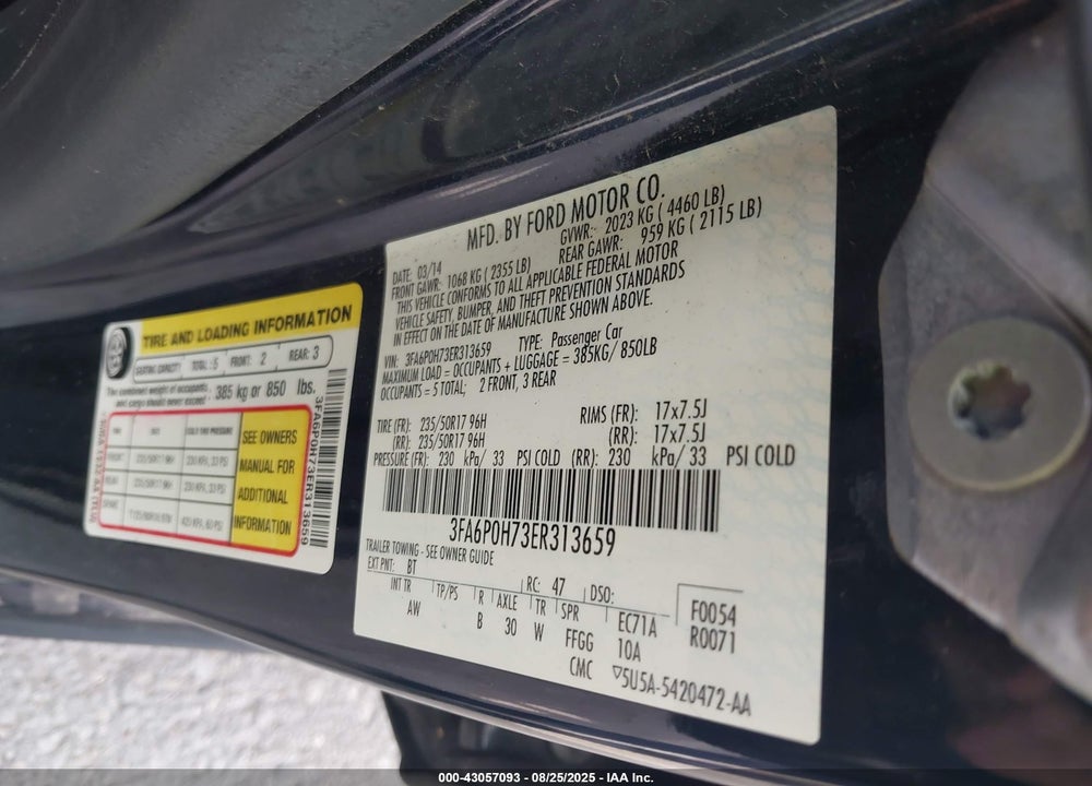 2014 FORD FUSION VIN: 3FA6P0H73ER313659