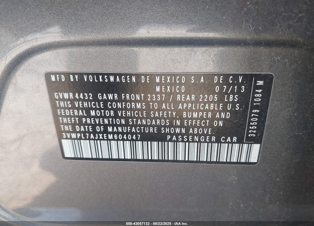 2014 VOLKSWAGEN JETTA VIN: 3VWPL7AJXEM604047