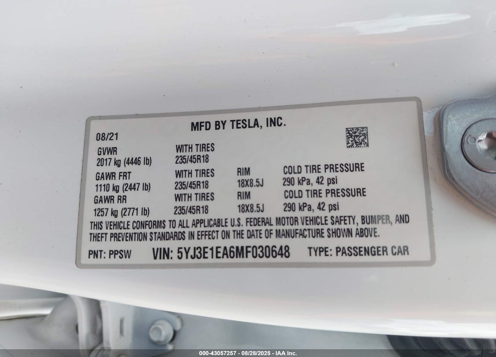 2021 TESLA MODEL 3 VIN: 5YJ3E1EA6MF030648