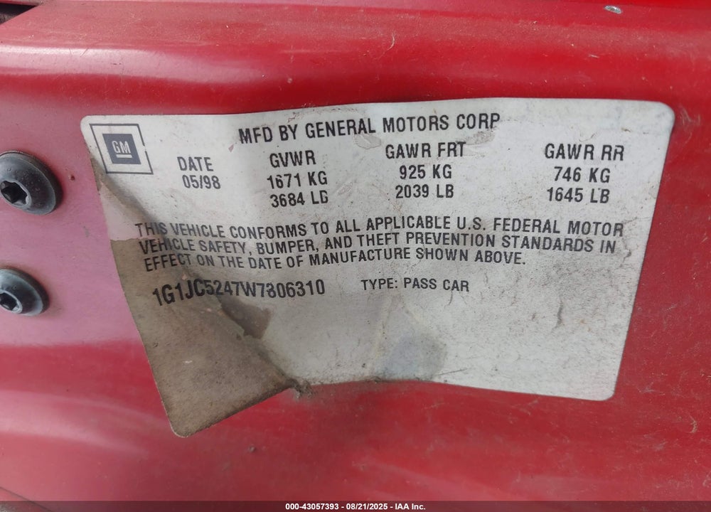 1998 CHEVROLET CAVALIER VIN: 1G1JC5247W7306310