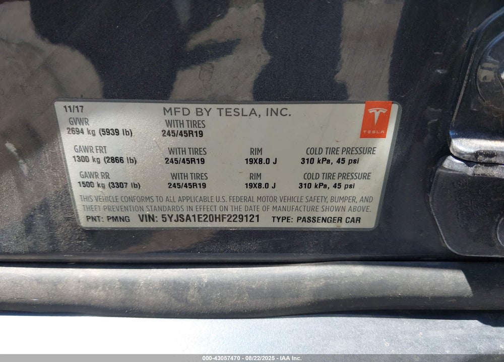 2017 TESLA MODEL S VIN: 5YJSA1E20HF229121