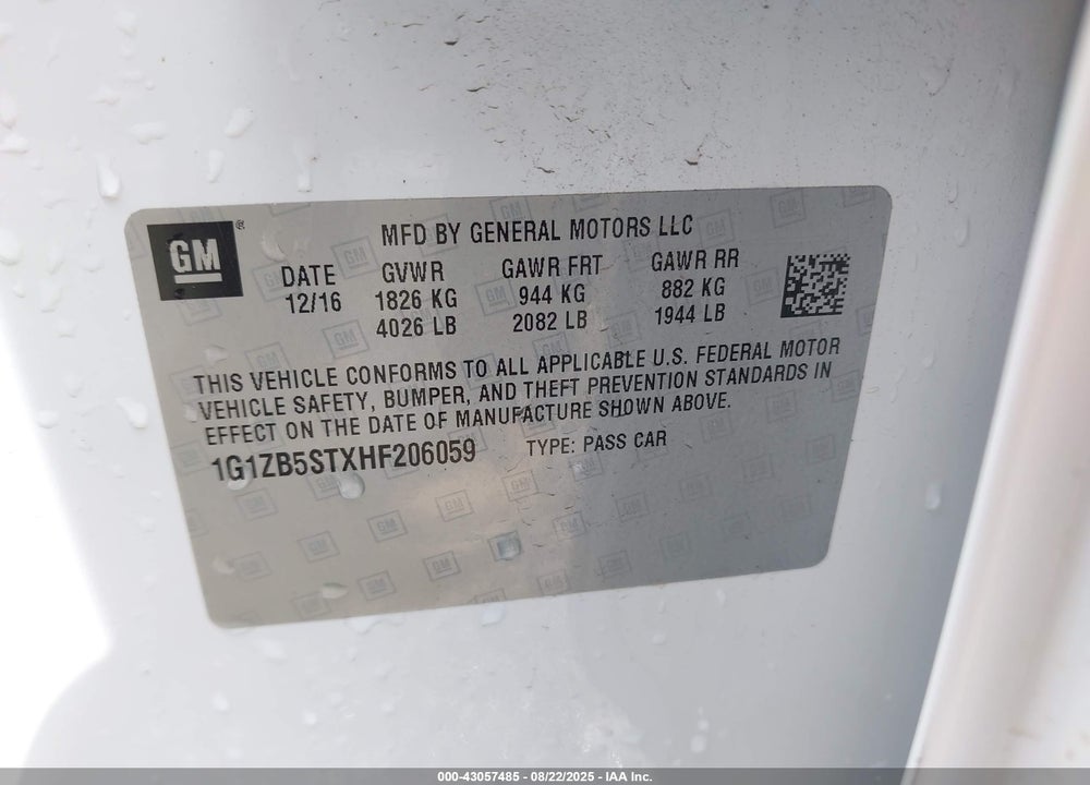 2017 CHEVROLET MALIBU VIN: 1G1ZB5STXHF206059