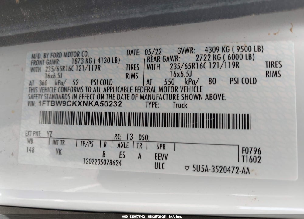 2022 FORD E-TRANSIT-350 VIN: 1FTBW9CKXNKA50232
