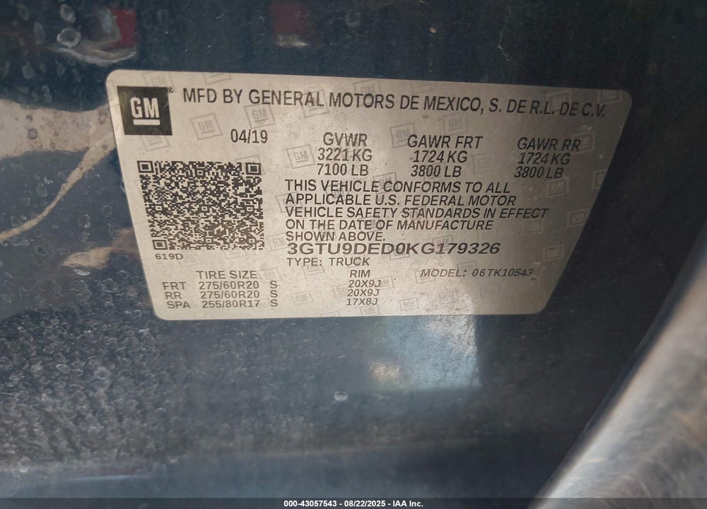 2019 GMC SIERRA 1500 VIN: 3GTU9DED0KG179326