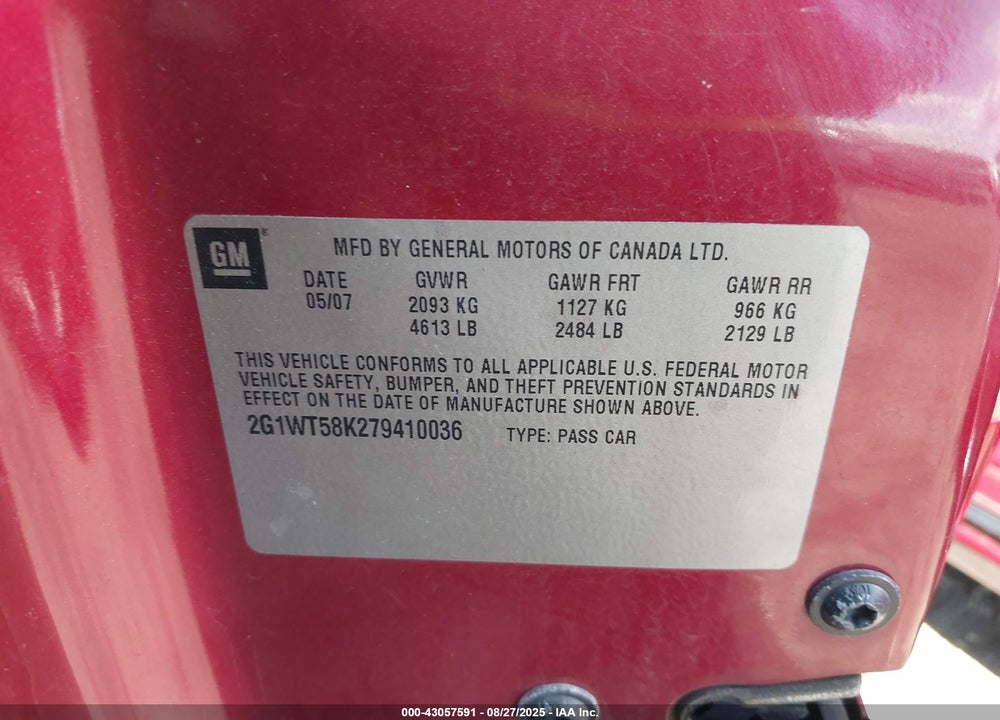 2007 CHEVROLET IMPALA VIN: 2G1WT58K279410036