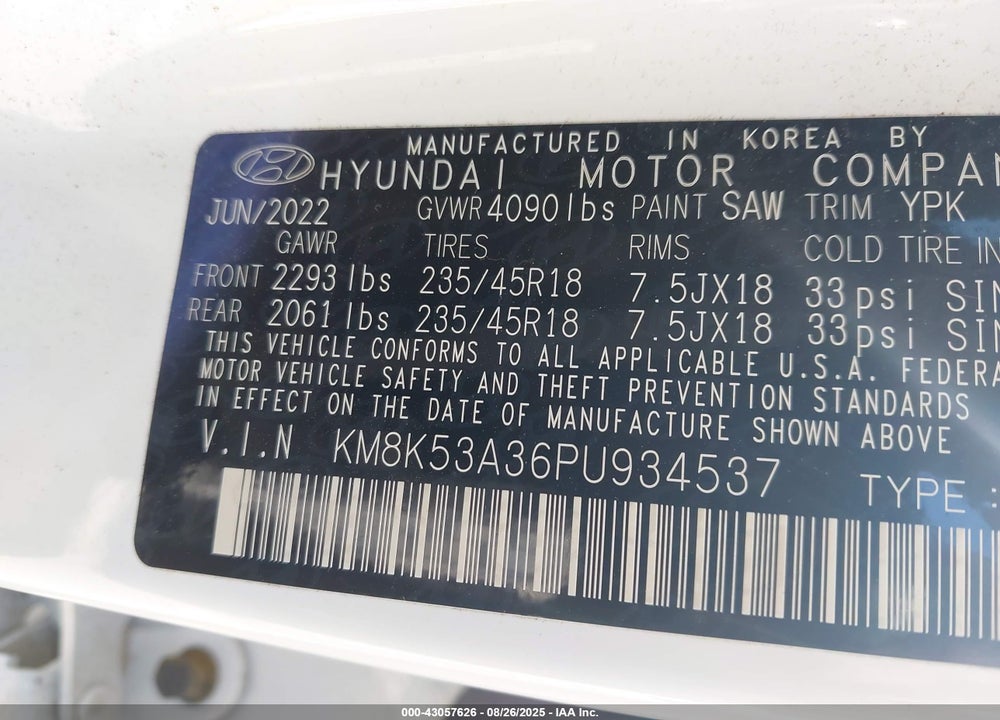 2023 HYUNDAI KONA VIN: KM8K53A36PU934537