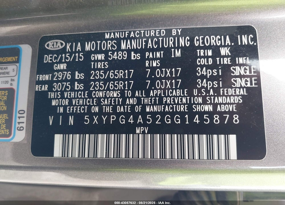 2016 KIA SORENTO 3.3L LX VIN: 5XYPG4A52GG145878