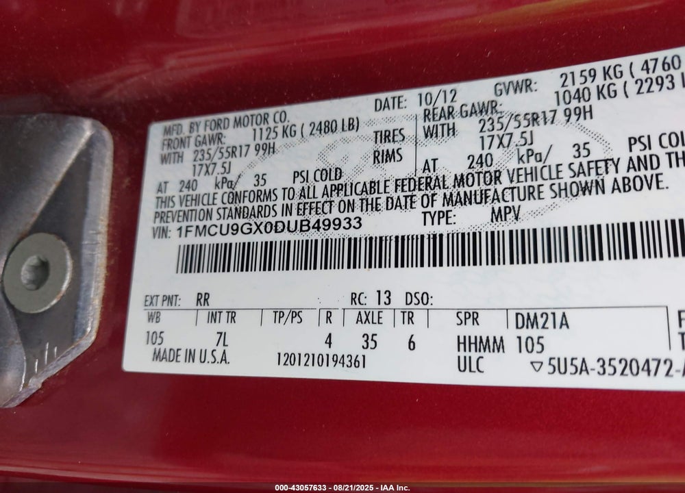 2013 FORD ESCAPE VIN: 1FMCU9GX0DUB49933