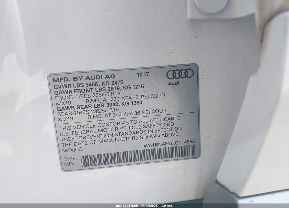 2018 AUDI Q5 VIN: WA1BNAFY6J2114565