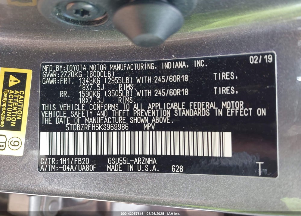 2019 TOYOTA HIGHLANDER VIN: 5TDBZRFH5KS969986