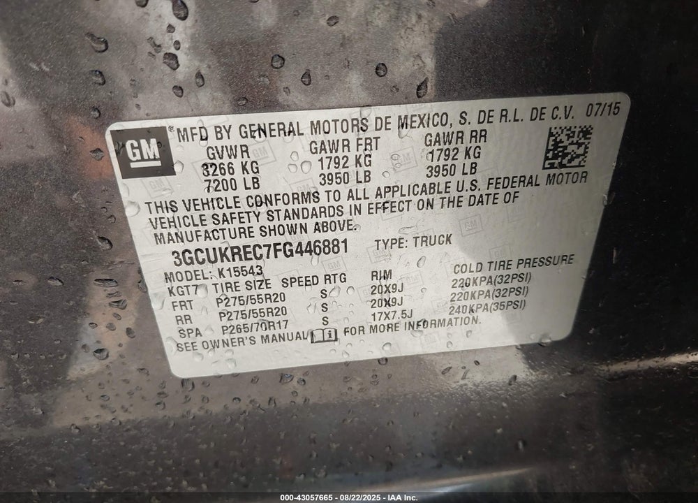 2015 CHEVROLET SILVERADO 1500 VIN: 3GCUKREC7FG446881