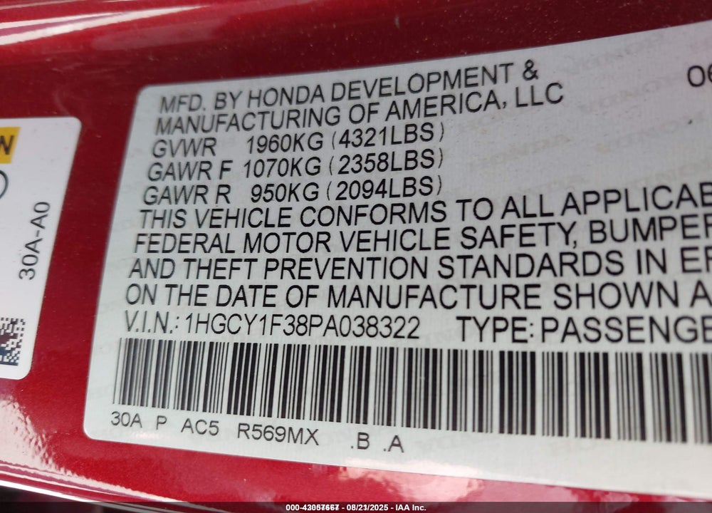 2023 HONDA ACCORD VIN: 1HGCY1F38PA038322