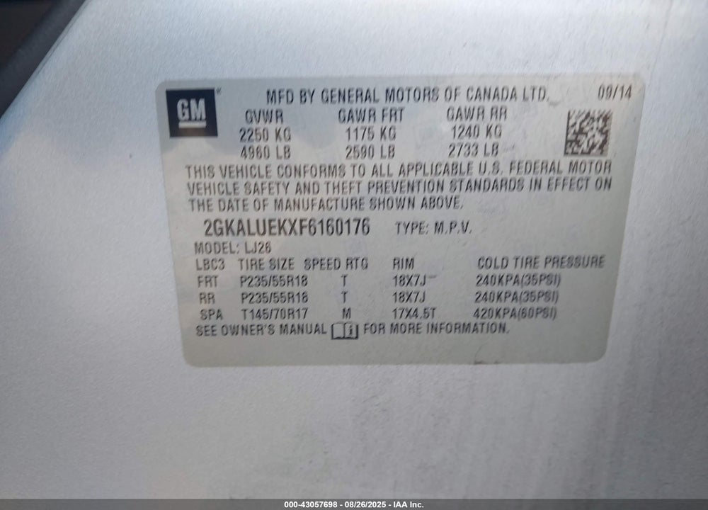 2015 GMC TERRAIN VIN: 2GKALUEKXF6160176