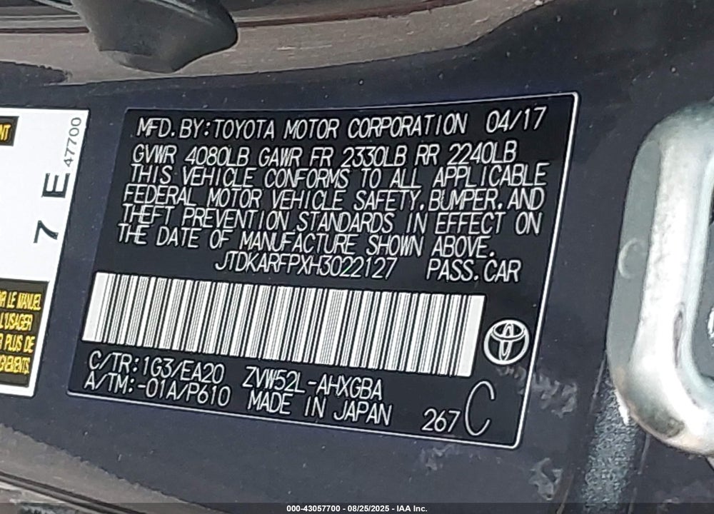2017 TOYOTA PRIUS PRIME VIN: JTDKARFPXH3022127