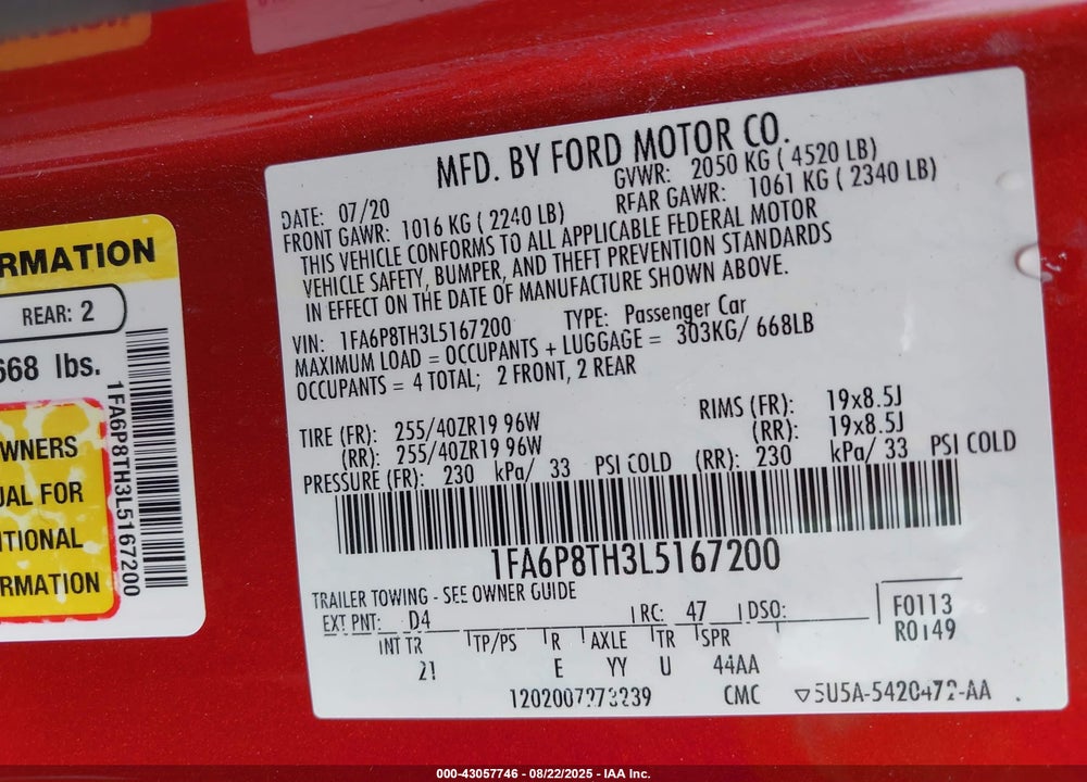 2020 FORD MUSTANG VIN: 1FA6P8TH3L5167200