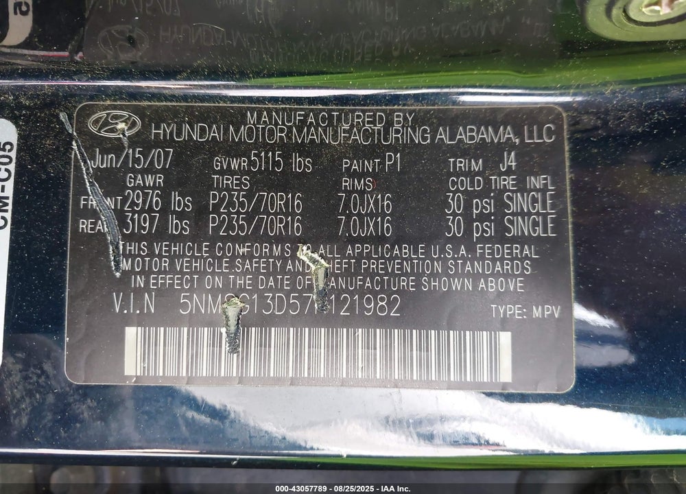 2007 HYUNDAI SANTA FE GLS VIN: 5NMSG13D57H121982