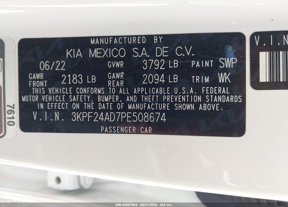 2023 KIA FORTE LXS VIN: 3KPF24AD7PE508674