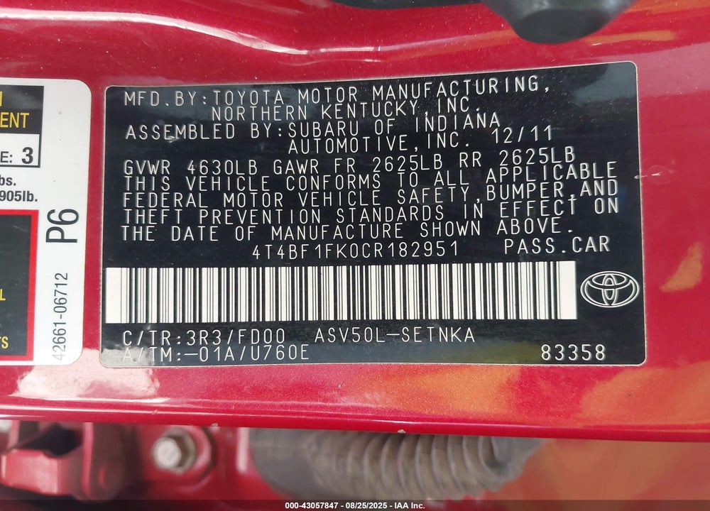2012 TOYOTA CAMRY VIN: 4T4BF1FK0CR182951