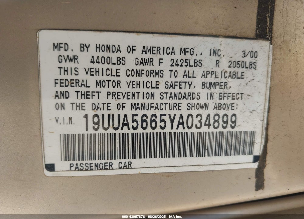 2000 ACURA TL 3.2 VIN: 19UUA5665YA034899