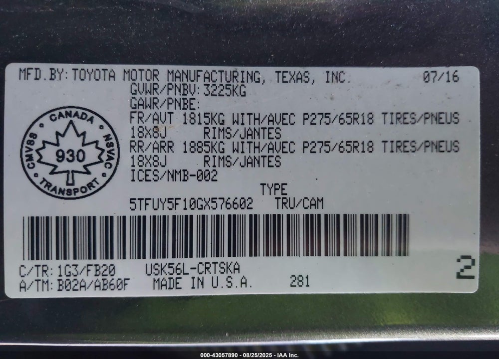 2016 TOYOTA TUNDRA SR 5.7L V8 VIN: 5TFUY5F10GX576602