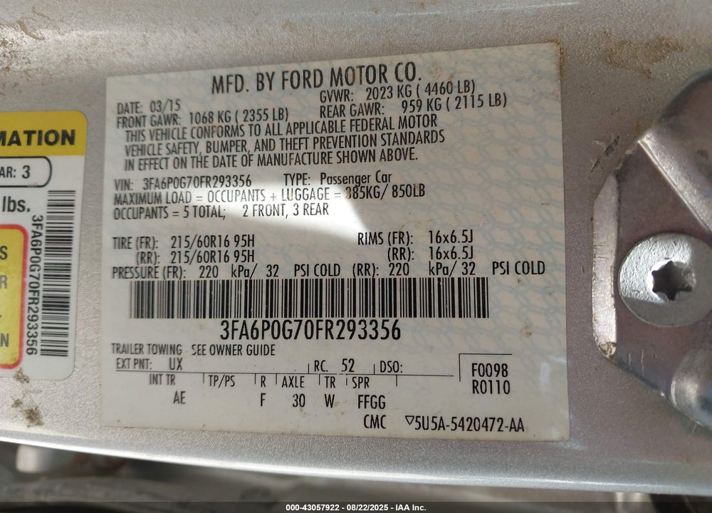 2015 FORD FUSION S VIN: 3FA6P0G70FR293356