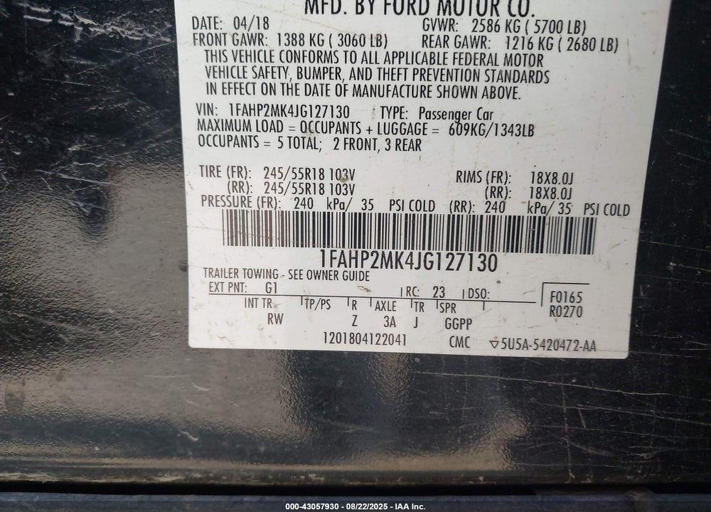 2018 FORD POLICE INTERCEPTOR UTILITY VIN: 1FAHP2MK4JG127130