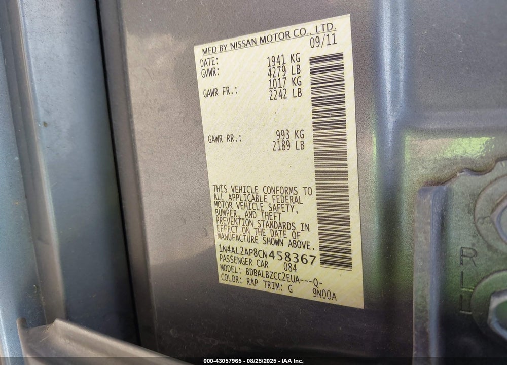 2012 NISSAN ALTIMA VIN: 1N4AL2AP8CN458367