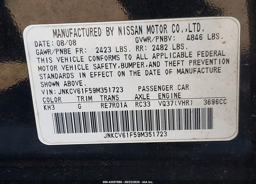 2009 INFINITI G37X VIN: JNKCV61F59M351723
