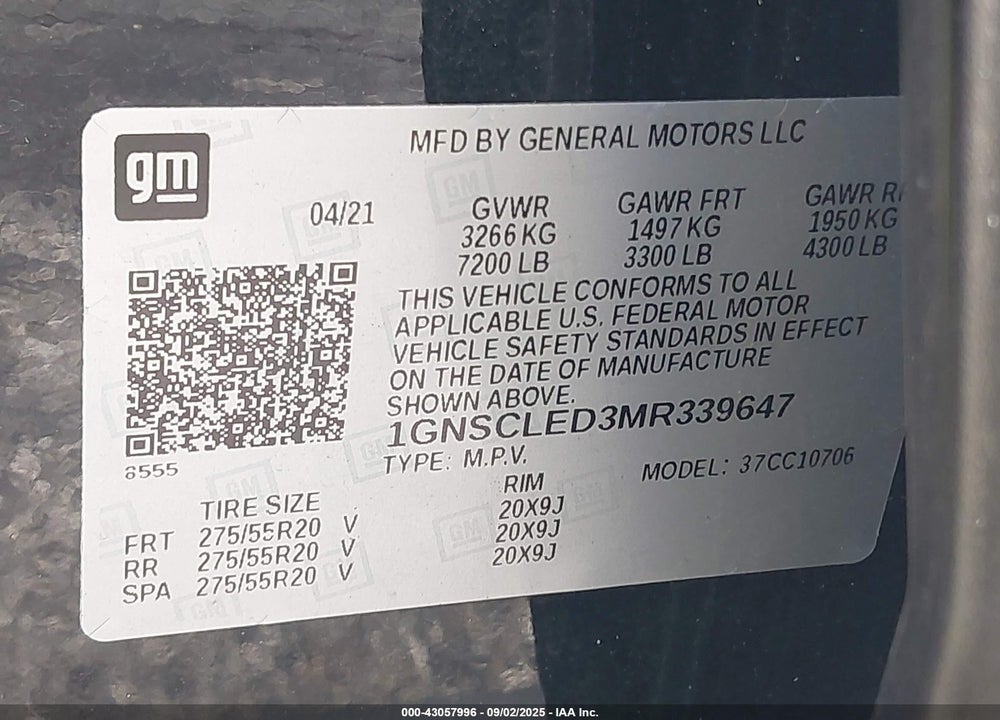 2021 CHEVROLET TAHOE 2WD COMMERCIAL FLEET VIN: 1GNSCLED3MR339647