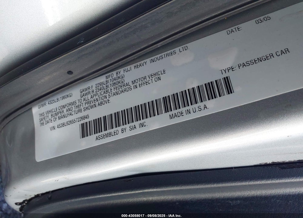 2005 SUBARU LEGACY 2.5I LIMITED VIN: 4S3BL626557226845