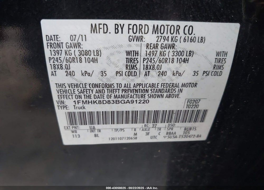 2011 FORD EXPLORER VIN: 1FMHK8D83BGA91220
