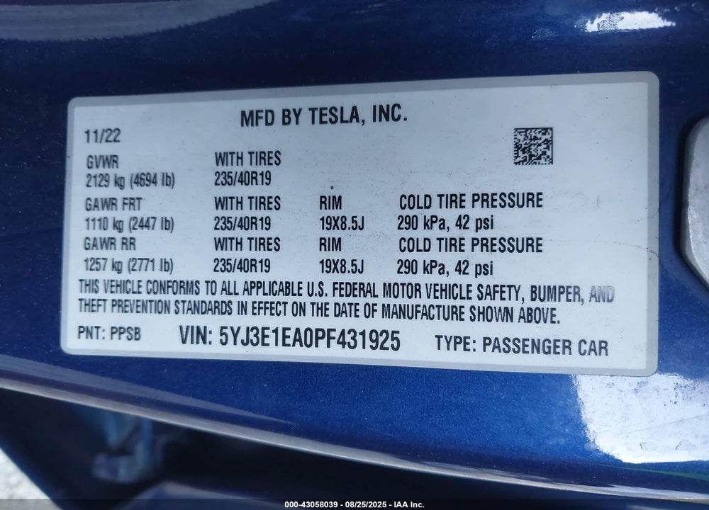 2023 TESLA MODEL 3 VIN: 5YJ3E1EA0PF431925