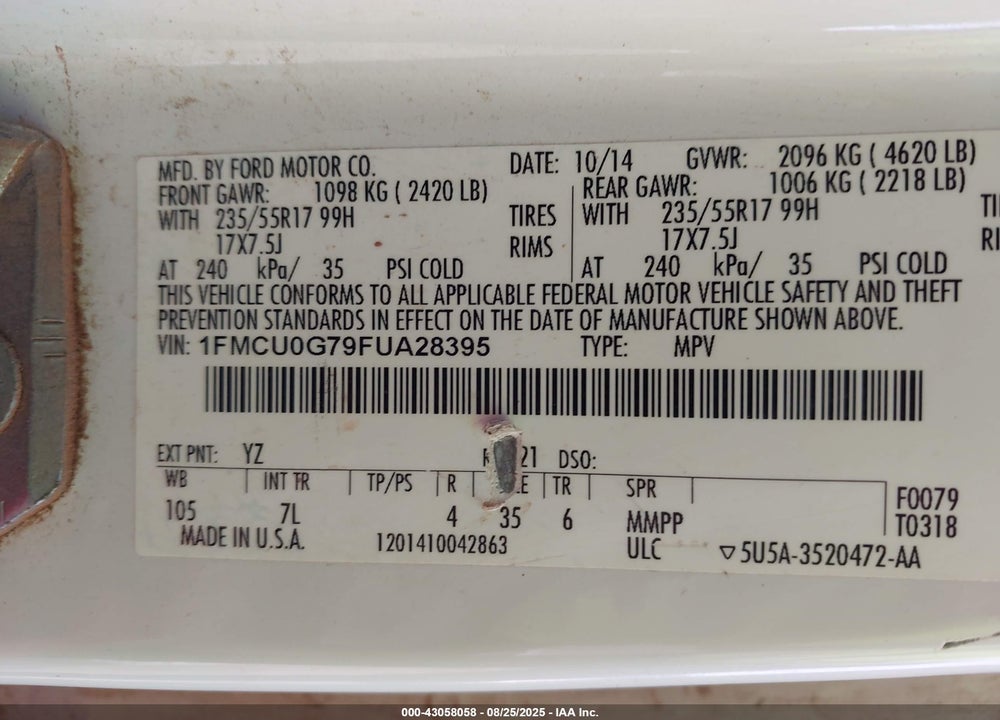 2015 FORD ESCAPE VIN: 1FMCU0G79FUA28395