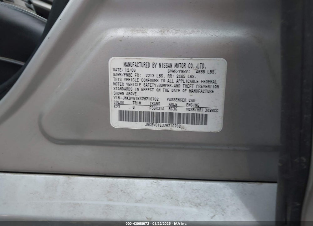 2007 INFINITI G35 SPORT W/6-SPEED MANUAL VIN: JNKBV61E37M710762