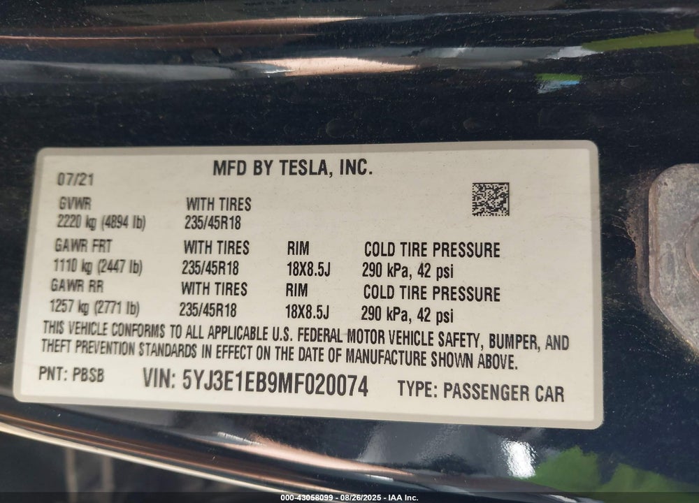 2021 TESLA MODEL 3 VIN: 5YJ3E1EB9MF020074