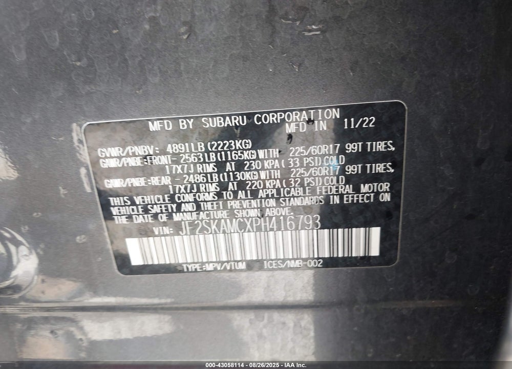 2023 SUBARU FORESTER VIN: JF2SKAMCXPH416793