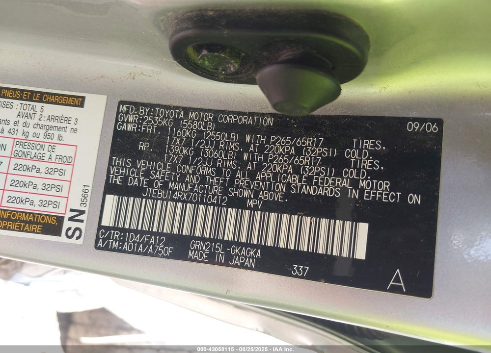 2007 TOYOTA 4RUNNER VIN: JTEBU14RX70110412